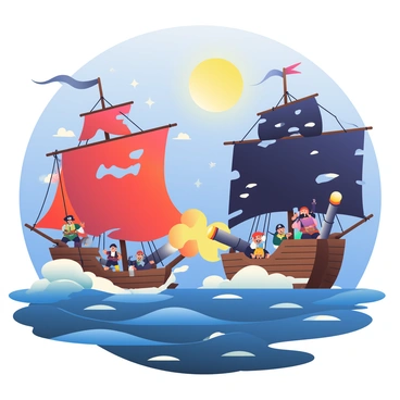 A thrilling midnight sea battle between two pirate ships under a full moon