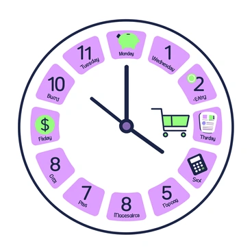 A clock face is displayed prominently, with a circular design divided into twelve sections. Each section represents a different hour but instead of numbers, there are labels for the days of the week arranged clockwise. At the top, "Monday" is positioned, followed by "Tuesday," "Wednesday," "Thursday," "Friday," "Saturday," and "Sunday" in their respective slots. In addition to the day labels, icons representing budget tasks are placed within each section. These icons include a small piggy bank, a stack of coins, a dollar sign, a shopping cart, and a calculator. The clock hands are set to a specific time, pointing to one of the day labels, indicating the current focus of the week's budget planning.