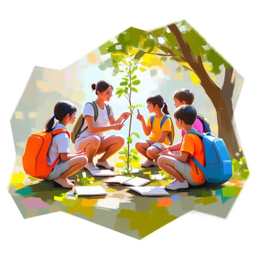 A group of diverse children, both boys and girls, is engaged in an outdoor environmental education program in a lush green park. Some children are kneeling down, examining various plants and leaves, while others are gathering around a knowledgeable instructor who is explaining the importance of nature conservation. The instructor, a middle-aged woman with short hair, is pointing to a tree, and the children are actively listening and asking questions. Sunlight filters through the trees, casting playful shadows on the ground, enhancing the lively atmosphere. Several colorful backpacks are scattered around, and a few children are holding magnifying glasses and notebooks to document their discoveries.