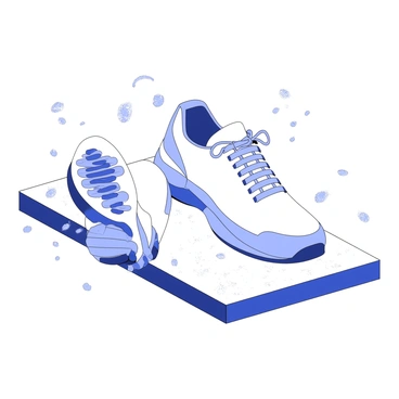 A pair of sneakers is positioned firmly on a textured surface, with the soles clearly detailed to show their tread pattern. The sneakers are slightly angled, suggesting weight distribution and stability. Dust particles are subtly illustrated around the sneakers, emphasizing the grip of static friction at work. The laces are tied tightly, and the material of the sneakers exhibits creases from pressure. The background is minimal to focus on the interaction between the sneakers and the ground.