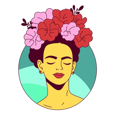 A yellow figure representing "Frida Kahlo" is wearing a large, ornate flower crown filled with various vibrant flowers. The flowers in the crown include bold reds and soft pinks, creating a striking contrast. "Frida" has her eyes closed and a peaceful expression on her face, conveying a sense of tranquility. The background features soft, blended hues of teal, enhancing the overall atmosphere of calmness surrounding her.