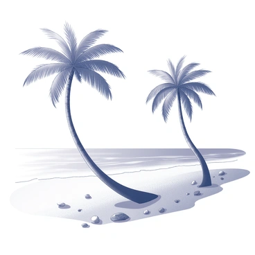 A tropical beach scene with several palm trees positioned along the shoreline. The palm trees are tall, with thick trunks and large, feathery fronds swaying gently in the breeze. The beach features soft sand, scattered seashells, and smooth stones. In the background, the water is calm and appears clear, reflecting the sky. Small waves gently lap against the shore, creating a serene atmosphere. The horizon is visible, where the sea meets the sky, enhancing the sense of openness.