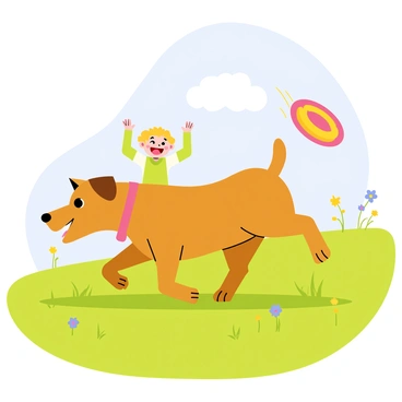 A plump brown dog with a shiny coat is energetically chasing a colorful frisbee in a lush green grassy field. The frisbee is flying through the air, catching the sunlight. In the background, a child with curly blonde hair is laughing joyfully, their arms raised in excitement. The field is dotted with wildflowers, and a few fluffy white clouds are visible in the bright blue sky.