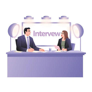 An executive is sitting at a sleek, modern desk in a well-lit media room. The executive, a middle-aged man with short dark hair and wearing a tailored navy suit with a light blue tie, is looking confidently at a journalist. The journalist, a woman with long brown hair styled in a professional manner, is holding a notepad and pen, actively taking notes. Softbox lights are illuminating the room from above, casting a bright and inviting glow. There is a large screen in the background displaying the text "Interview" in bold letters. On the desk, there are a few documents neatly stacked and a glass of water.