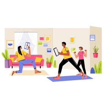 Participants following a virtual fitness class in their living rooms via tablets