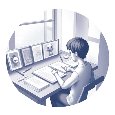 An artist is seated at a wooden table cluttered with multiple sketchbooks. Each sketchbook is open to various pages filled with pencil drawings and notes. The artist is focused on drawing a "cheerful animal character" with large expressive eyes and a wide smile. Various drawing tools, such as pencils and erasers, are scattered around the workspace. Natural light streams in from a nearby window, illuminating the scene and highlighting the details in the drawings.