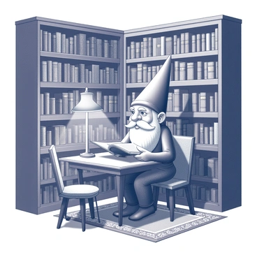 A vintage gnome with a long beard and a pointy hat is seated at a small wooden table in a tiny, cozy library. The gnome is intently reading an old book, which is open in front of him. Around him, the library is filled with shelves that are packed with old tomes and leather-bound volumes. The shelves are made of dark wood and have a rich texture, displaying the spines of various books with their titles embossed in gold. A small reading lamp casts a soft light over the gnome and the book. Cozy armchairs are scattered throughout the space, and a tiny, ornate rug lies beneath the gnome’s feet, adding warmth to his surroundings.