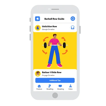 An illustration of a fitness app screen displaying a virtual guide for "barbell row" exercises. The screen features a vibrant, user-friendly interface with clear graphics. A cartoon-style figure demonstrates the barbell row, positioned in the correct stance with a barbell in hand. The figure has a determined expression and is shown mid-action. Surrounding the figure are labeled arrows indicating the proper movement path. The background includes a bright color scheme with icons for additional tips, such as posture corrections and breathing techniques. The app's title "Barbell Row Guide" is prominently displayed at the top.