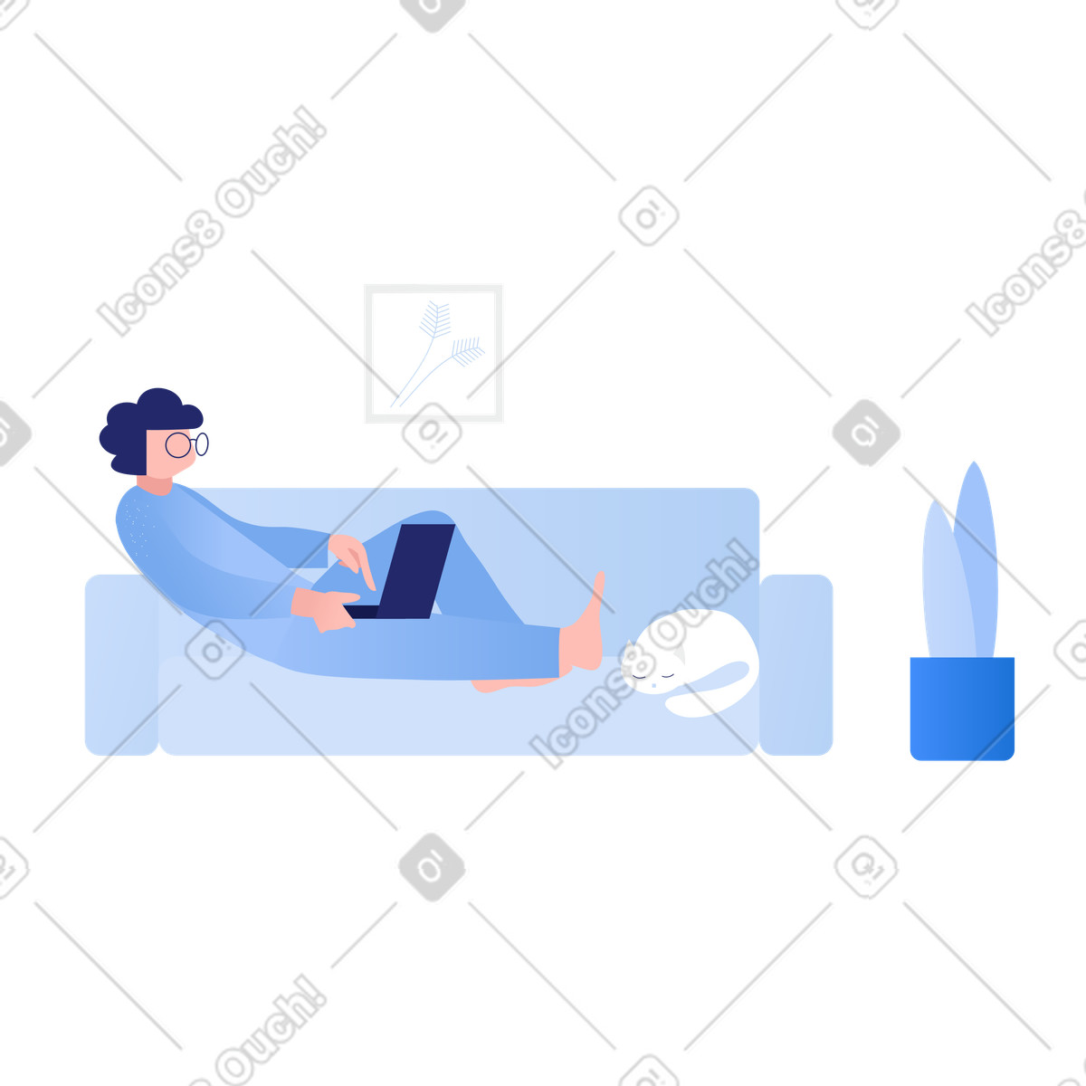 Ilustración Relaxed remote work on sofa with sleeping cat, Home office lifestyle en estilo Clip a descargar en PNG y SVG