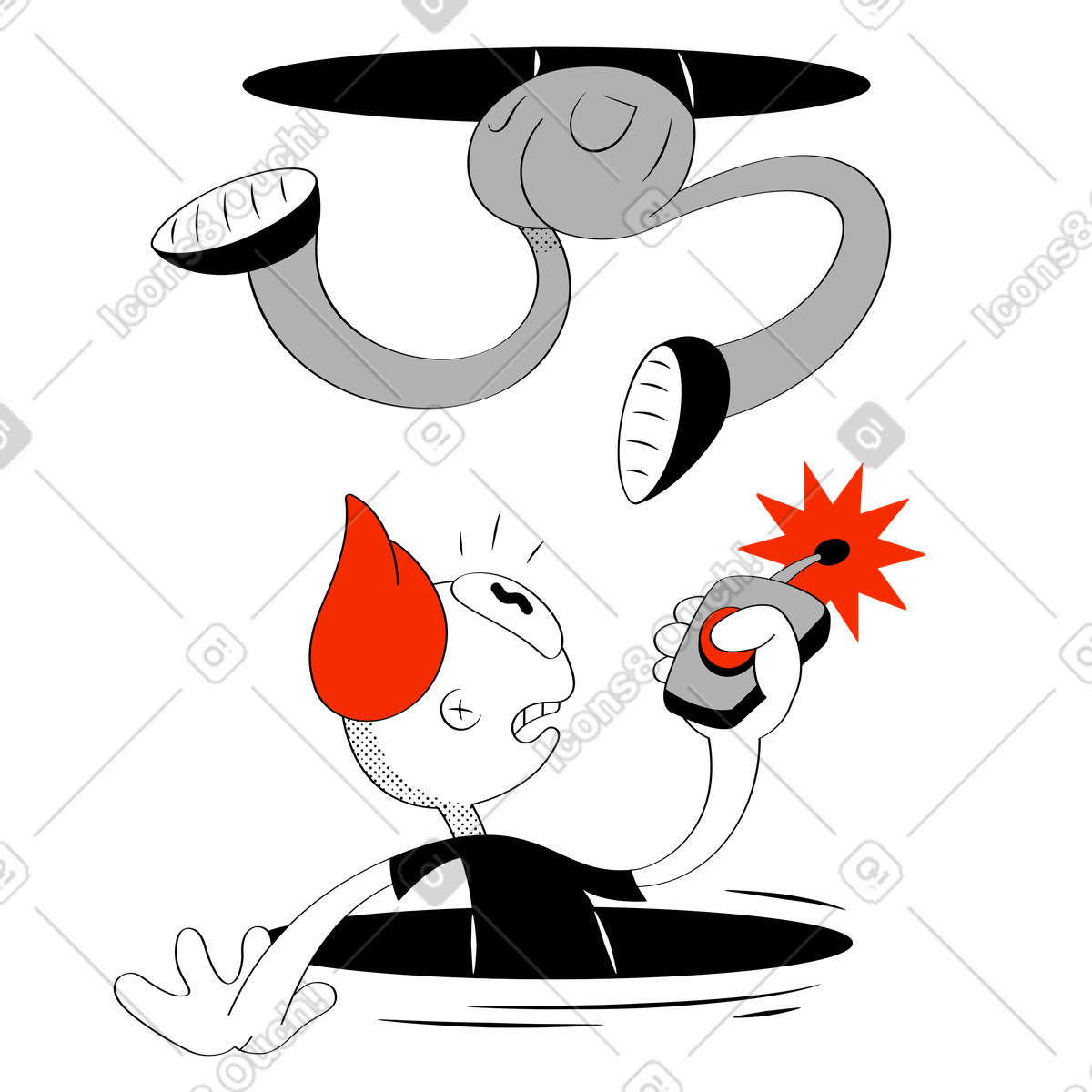 Illustration Character going through teleport, Connection failure or bad gateway concept dans le style Looney à télécharger aux formats PNG, SVG