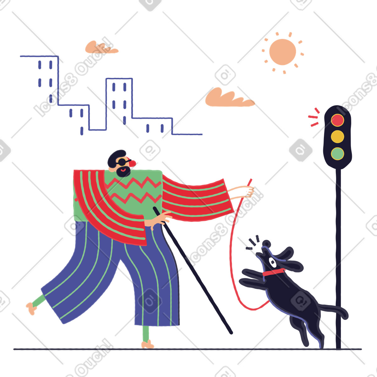 Man with a guide dog at traffic light intersection illustration in Stripy style download in PNG, SVG