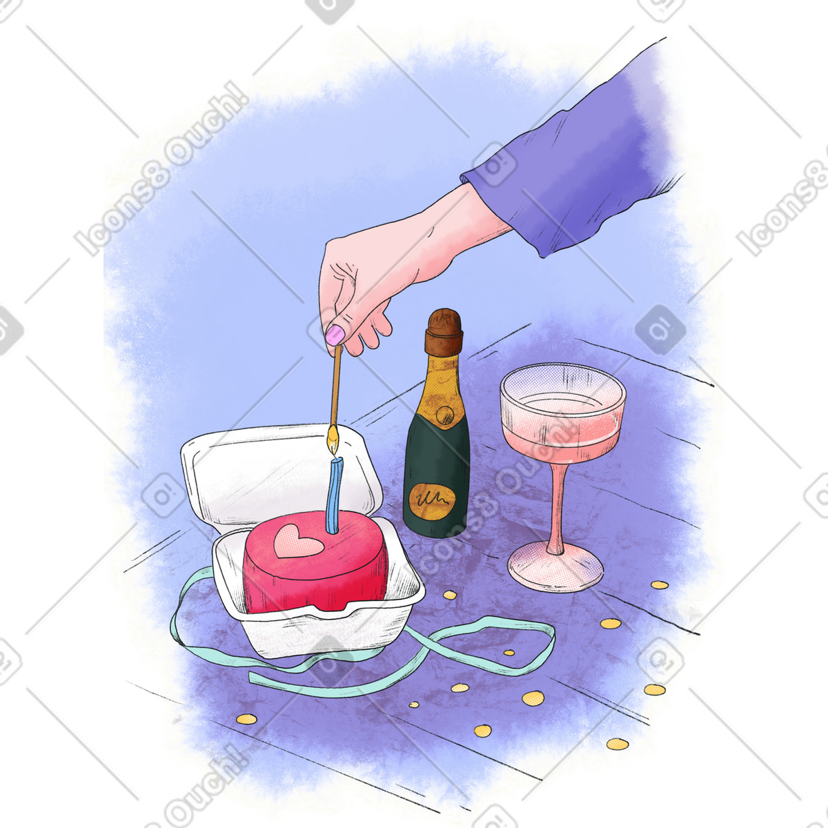 Festlich gedeckter tisch mit kleiner torte und champagner-Illustration im Moments-Stil als Download in PNG, SVG