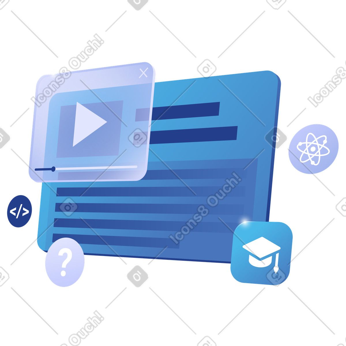 Video player overlay on lesson page, Digital courses and e-learning illustration in style download in PNG, SVG