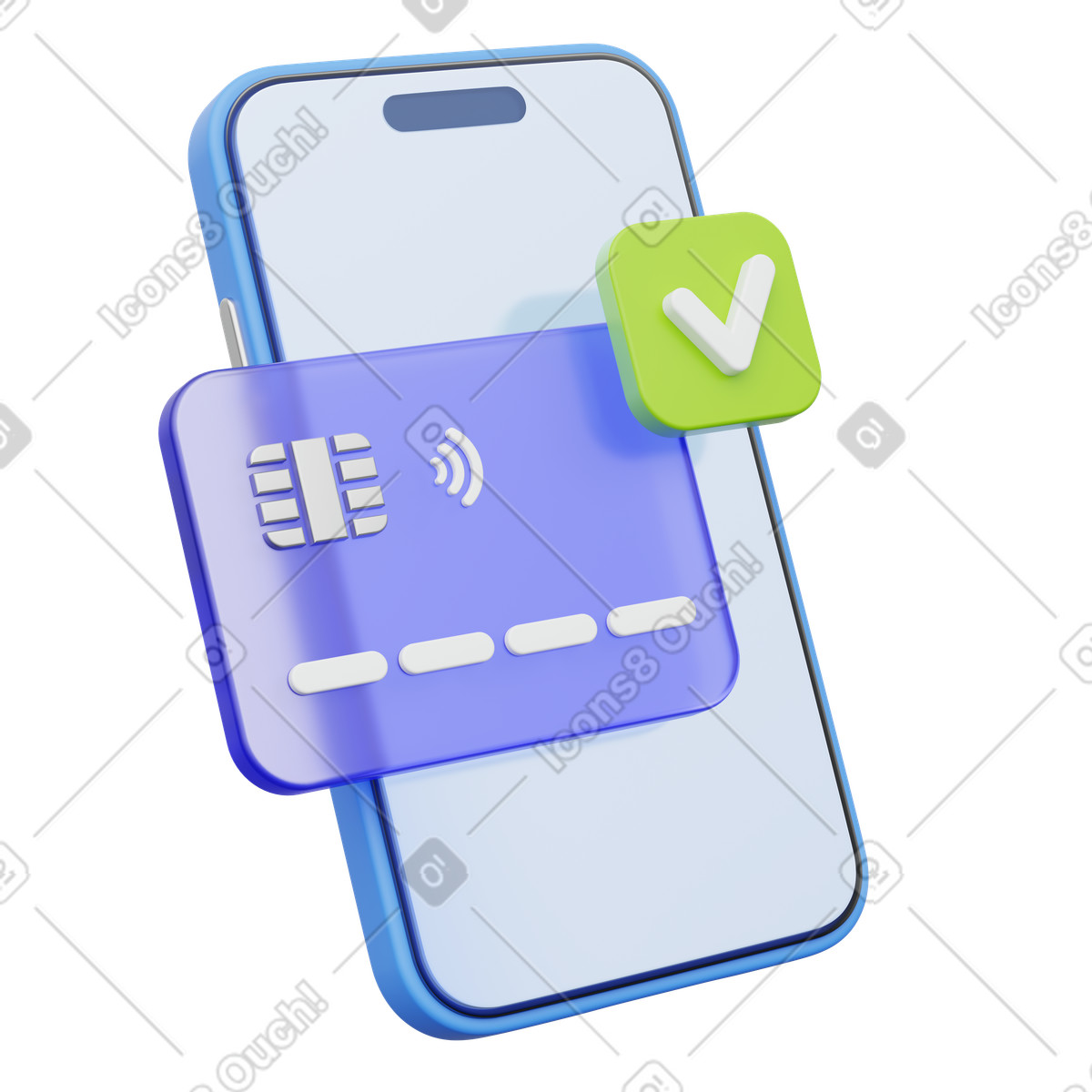 Pagamento mobile sicuro, telefono con carta di credito e segno spunta, icona transazione verificata illustrazione in stile 3D Playful scarica in PNG, SVG