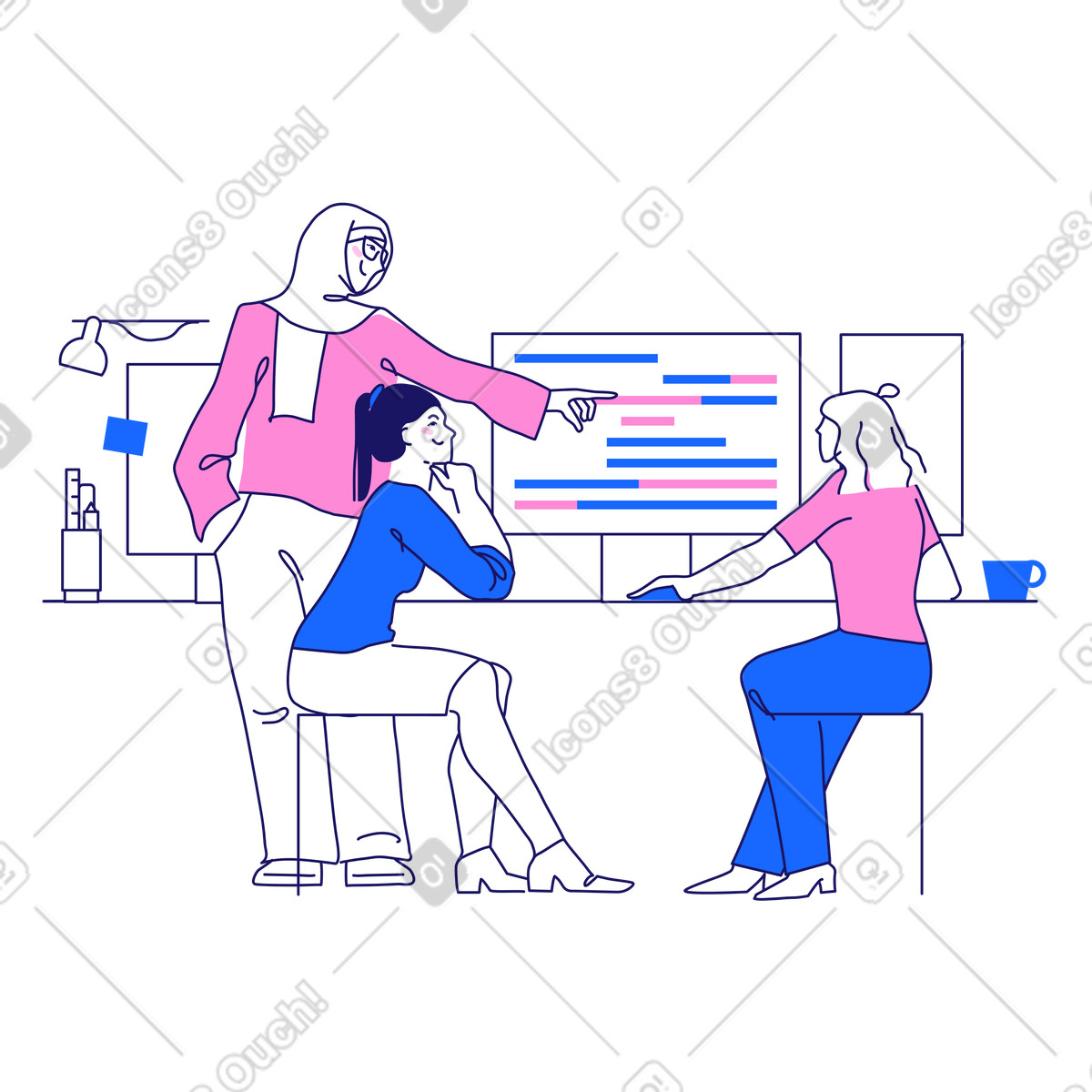 Female coders discuss the code in office illustration Matey style download PNG, SVG
