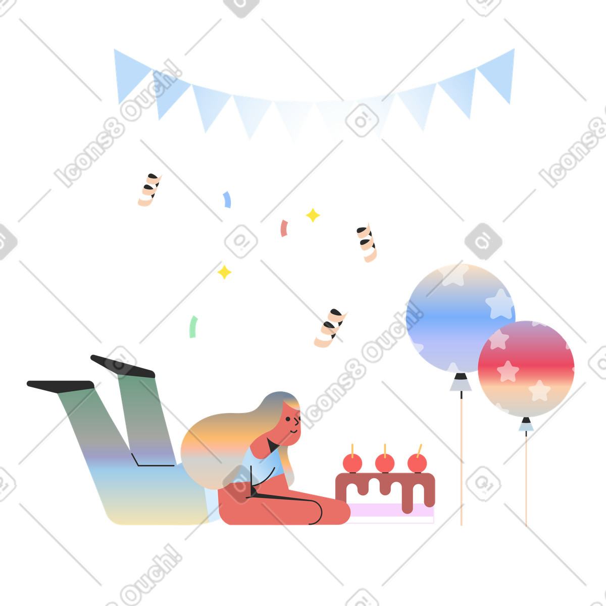 Woman lying with cake at birthday party illustration in Marginalia style download in PNG, SVG