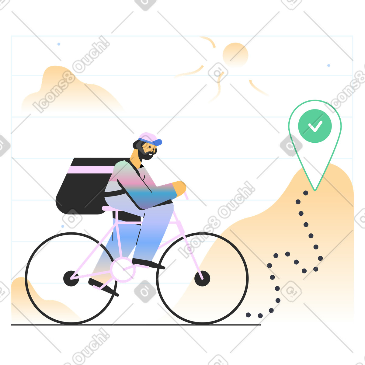 Illustration Livreur à vélo effectuant des livraisons dans le style Marginalia télécharger aux formats PNG, SVG