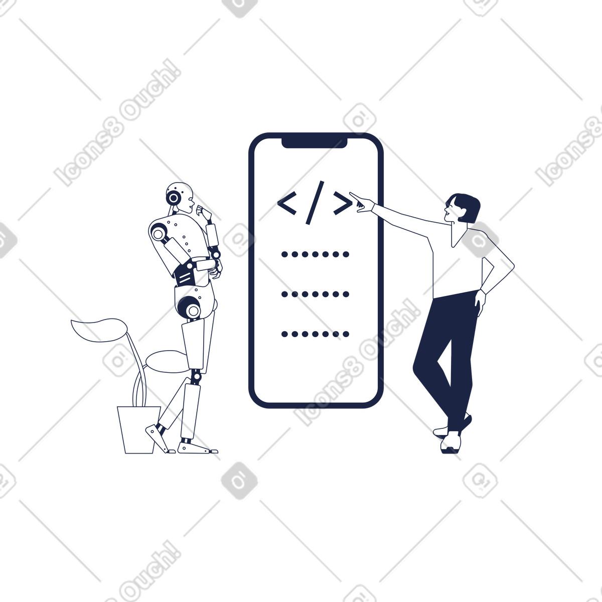 L'uomo insegna la programmazione a un robot android illustrazione in stile Urban Line scarica in PNG, SVG