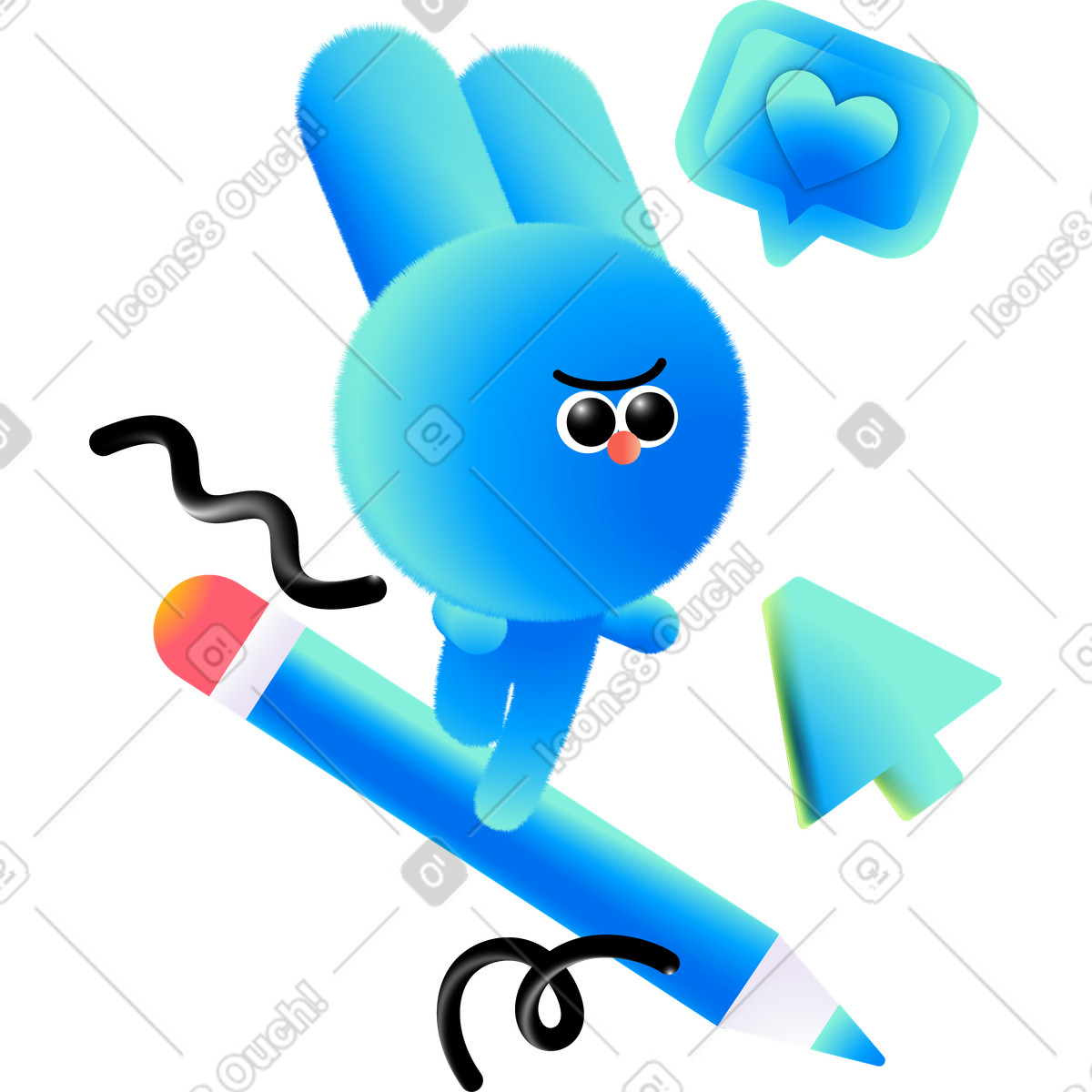 Blue hare running on pencil to cursor, leaving behind heart sign illustration in Puffy style download in PNG, SVG