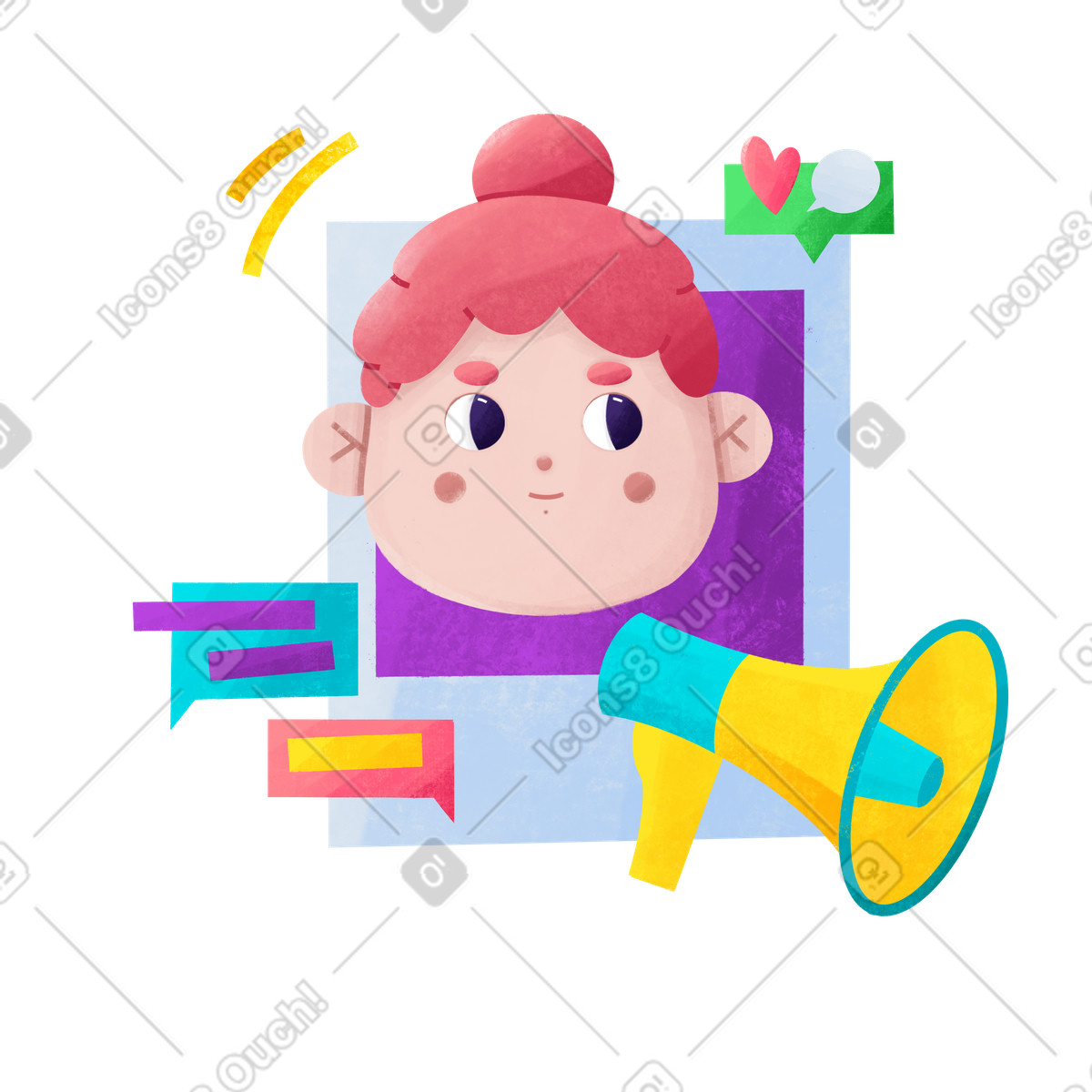 Donna con altoparlante che fa un annuncio di promozione tramite il social network illustrazione in stile Bonbon scarica in PNG, SVG