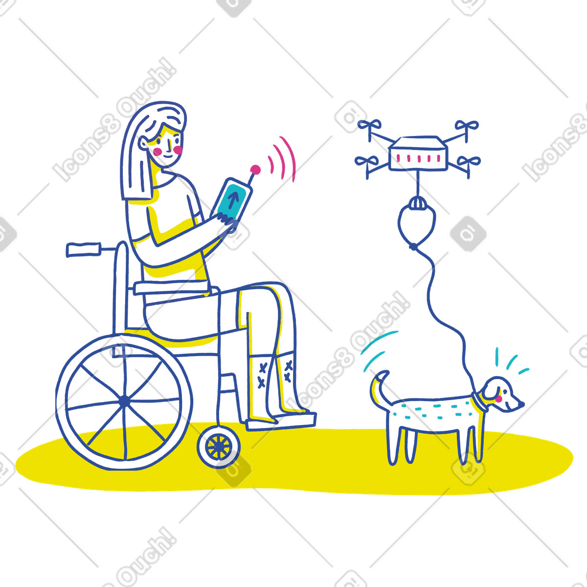 Woman in a wheelchair remotely controls drone walks dog illustrazione stile Lime scarica PNG, SVG