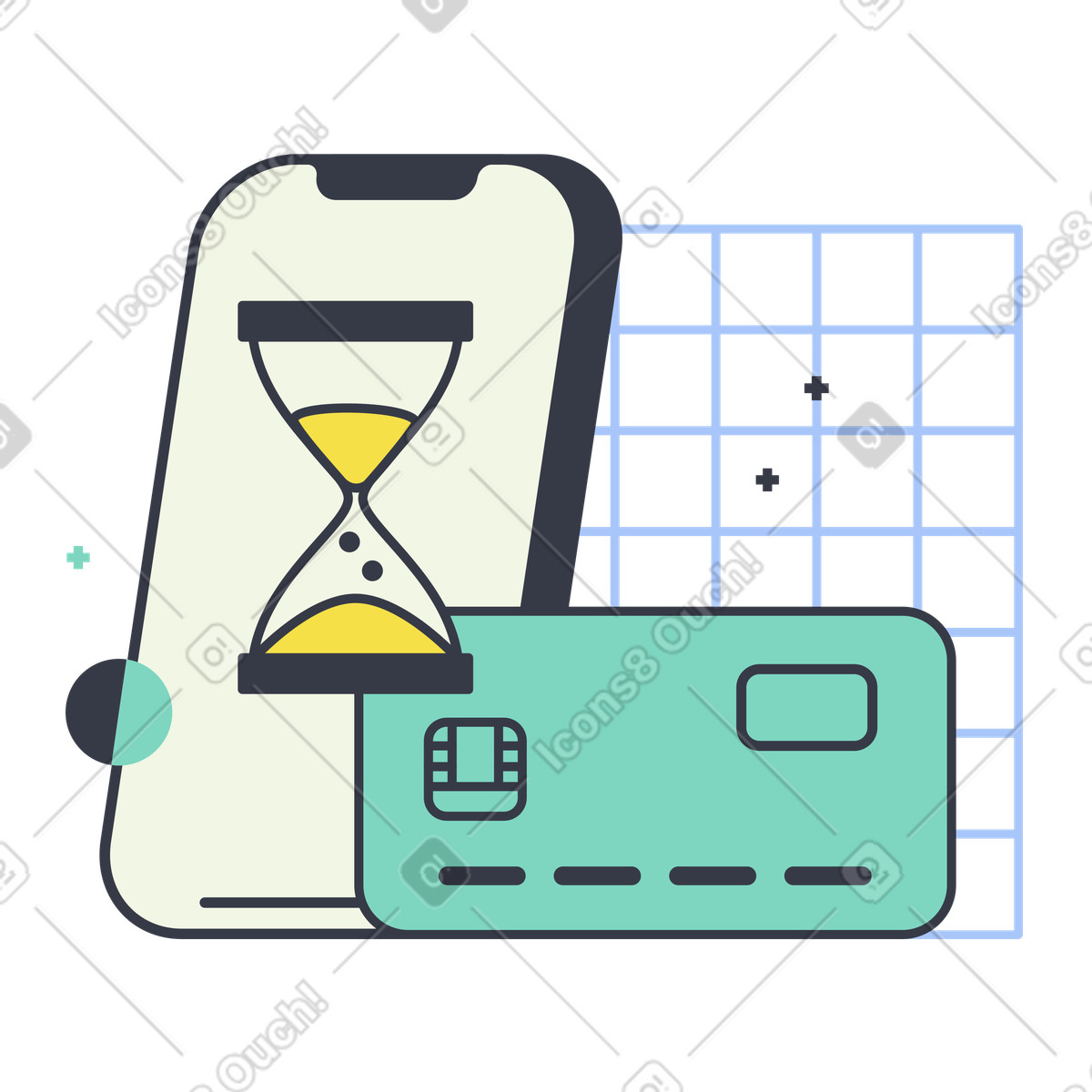 Mobile phone and credit card with hourglass, Digital payment pending or processing illustration in PNG, SVG