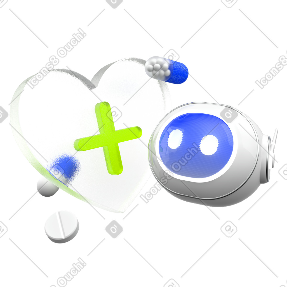 Ilustración Asistente de salud con ia, corazón y chatbot pastillas, asistencia sanitaria digital en estilo 3D Enterprise a descargar en PNG SVG