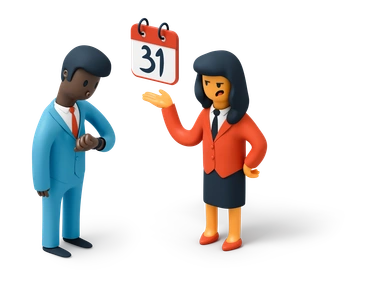 A man checking his watch while a woman gestures - 3D Flame style illustration