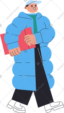 Man in winter clothes walking with a gift PNG, SVG