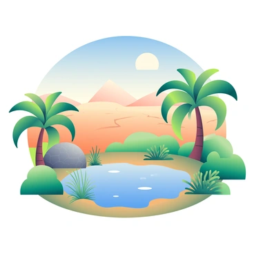 A hidden oasis is depicted in the center of the image, featuring a small pond that reflects the clear blue sky above. Surrounding the pond is lush greenery, consisting of vibrant green ferns, palm trees, and various shrubs. The ground is covered with soft, rich soil and patches of grass. In the background, the desolation is visible, showcasing arid terrain with cracked earth and sparse vegetation. The contrast between the oasis and the surrounding desolate landscape is striking, emphasizing the tranquility of the oasis.