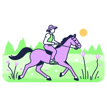 A rider in a wide-brimmed hat is galloping on a horse across an expansive meadow. The horse has a sleek coat and powerful muscles, its mane flowing in the wind. The rider holds onto the reins firmly with both hands, leaning slightly forward to maintain balance. Surrounding them, the meadow is dotted with tall grasses and wildflowers swaying gently. In the background, the sun is setting, casting long shadows and illuminating the scene with warm light. A distant line of trees can be seen along the horizon, framing the open space.