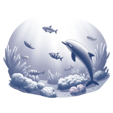 An underwater scene depicting various fish swimming among coral reefs. The fish display different shapes and patterns as they navigate through the vibrant coral structures. In the foreground, a dolphin is shown gracefully swimming, its body arched as it observes the surrounding marine life. Sunlight filters through the water surface, casting light patterns on the ocean floor.