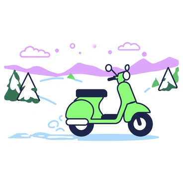 A moped riding through a snowy landscape with snowflakes gently falling