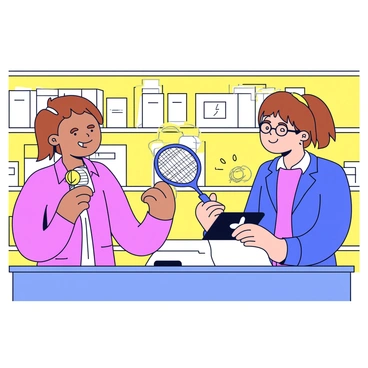 A customer with short brown hair is smiling as they are checking out at a cashier. They are holding a new badminton set that includes a blue and yellow racket and a shuttlecock. The cashier, a middle-aged woman with glasses, is scanning the items at the register. The background features a bright store interior with shelves holding various sporting goods.
