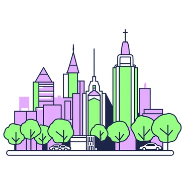 A cityscape featuring a variety of towering skyscrapers. The buildings showcase distinct architectural features, including geometric shapes, stylized lines, and decorative motifs inspired by abstract art deco elements. In the foreground, there is a wide street lined with trees, while a few cars are parked along the sidewalk. The skyline is dotted with a mix of tall structures, varying in height and design. The scene captures the essence of an urban environment bustling with energy.