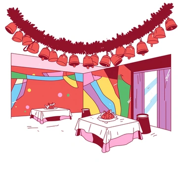 A red garland made of shiny jingle bells is hanging across the ceiling of a festive room. The jingle bells are arranged closely together, creating a shimmering effect as they catch the light. Below the garland, there are colorful decorations on the walls, including vibrant streamers in various shades. In the background, there are tables covered with white tablecloths, adorned with small centerpieces. The room is filled with a sense of celebration and joy.