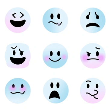 A collection of colorful stickers featuring a variety of simple "face emojis" with different emotions. Each emoji has a distinct expression, such as happiness, surprise, sadness, and anger. The emojis are set against a soft gradient background of pastel colors, enhancing their visual appeal. Each sticker is outlined clearly, showcasing the simplicity of the designs while making the emotions easily recognizable.
