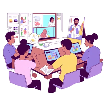A group of five students is sitting at individual desks, each focused on their laptops. One student, a young woman with brown hair in a bun, is sketching on a notepad beside her laptop. Another student, a man with glasses, is taking notes while looking at the screen. The professor is on the computer screen, demonstrating painting techniques with a colorful palette. Behind the students, the classroom walls are adorned with various artworks created by students. Each student appears engaged, with expressions of concentration as they follow along with the online class.