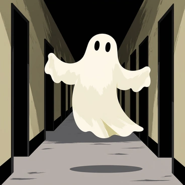 A translucent ghost with a flowing, ethereal appearance is floating through a deserted hallway. The hallway features old, cracked walls with peeling paint, and dim lighting adds a shadowy ambiance. Dust motes are visible in the air, illuminated by faint light. The ghost's face is expressionless, and its arms extend outward, creating a sense of movement as it glides silently. Empty doorways line the sides of the hallway, leading to dark, undefined spaces.