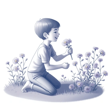 A child joyfully picking a bouquet of aster flowers in a sunlit meadow