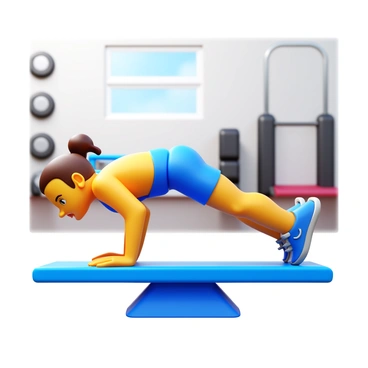 A fitness enthusiast in athletic wear performing push-ups on a balance board. The individual is positioned with their hands gripping the edges of the board, with their body extended in a straight line. The balance board is slightly tilted, showcasing the stability challenge. There is a gym environment in the background, with exercise equipment such as weights and mats visible. Natural light is illuminating the scene, highlighting the determination on the person's face.