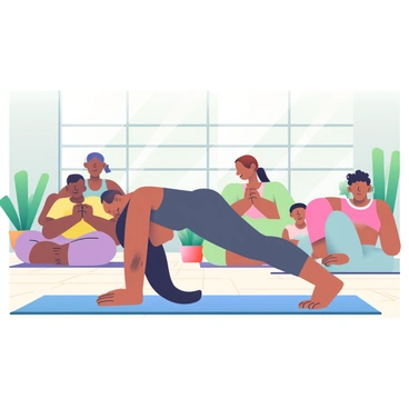 A yoga instructor with light brown skin and long black hair is leading a class in a spacious studio. She is wearing a fitted, dark gray tank top and matching leggings. The instructor is demonstrating a downward dog pose, with her hands and feet firmly on the soft blue mat. Several students of diverse backgrounds are mimicking her posture around her, some focused intently, while others are adjusting their positions. Large windows in the studio let in soft, diffused light, illuminating the wooden floor and creating a calm atmosphere. Green plants are placed in the corners, adding a touch of nature to the environment.