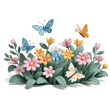A variety of colorful butterflies with intricate "heart-patterned wings" are fluttering gracefully in a vibrant garden. The butterflies showcase a range of colors, including bright blues, vivid yellows, and deep reds, each with unique heart designs on their wings. The garden is filled with lush green plants and blooming flowers in various shades, providing a lively backdrop. Sunlight filters through the leaves, casting gentle shadows on the ground as the butterflies dance among the flowers. Some butterflies are perched delicately on the petals, while others are mid-flight, showcasing their beautiful wing patterns.