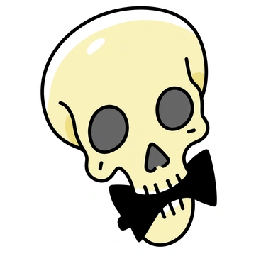 A human skull, with detailed features and a polished surface, wearing a black classy bowtie neatly tied around its neck. The bowtie contrasts sharply against the skull's bone color, enhancing its elegant appearance. The skull is positioned upright, with a subtle sheen catching the light, emphasizing its contours and texture.