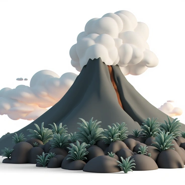 A towering volcano, with a jagged peak and lava flows visible along its slopes, dominates the dramatic landscape. Thick ash clouds billow out from the summit, casting a grayish hue over the scene. In the foreground, hardy plant life, including resilient ferns and small shrubs, emerges from the rocky terrain, their green leaves contrasting against the dark volcanic rock. The sky is filled with swirling clouds, and the distant horizon shows hints of a fiery sunset illuminating the ash clouds from below.