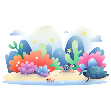 An enchanted coral reef is depicted with various types of coral in vibrant colors of pink, orange, and blue. Glowing sea plants are scattered throughout the reef, radiating soft luminescent shades of green and purple. Mysterious lights twinkle above and among the corals, casting gentle reflections on the sandy ocean floor. Small fish with iridescent scales swim playfully among the coral, while a larger sea turtle gracefully glides through the scene. In the background, shadows of underwater rock formations add depth to the landscape.