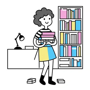 A girl with curly hair, wearing a striped shirt and a patchwork skirt, is seen holding a stack of books close to her chest. She has a mischievous smile on her face and is standing in front of an old bookshelf filled with various colorful books. The background features a cozy room with a small desk and an antique lamp. A few books are scattered on the floor around her, indicating her playful nature. There is a hint of adventure in her eyes, reflecting her reputation as a book thief.