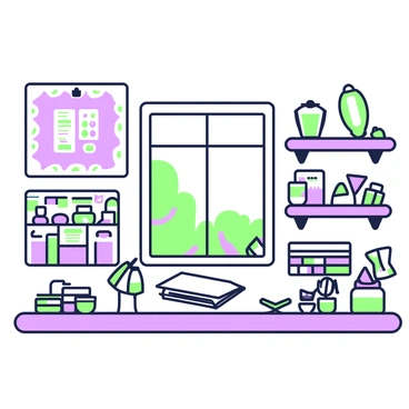 A craft room is neatly organized with colorful supplies stored in labeled containers lining the shelves. In the center, there is a large table, set up and ready for projects. The table features an open sketchbook, a pair of scissors, and a selection of green and purple markers. Various containers hold items like beads, threads, and papers, all clearly marked. A bulletin board on the wall displays inspiration images and notes clipped in place. Natural light filters in through a window, illuminating the workspace.