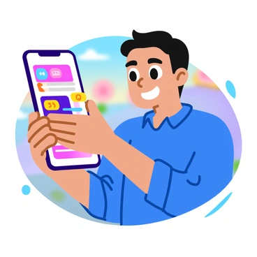 A modern smartphone displaying a colorful digital wallet app on its screen. The app features various payment options, including icons for credit cards, digital currency, and loyalty points. A happy user is holding the smartphone in their hand, smiling broadly while looking at the screen. The user has short, dark hair and is wearing a casual blue shirt. The background is filled with soft, blurred colors to create a lively atmosphere.