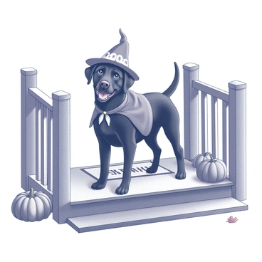A black Labrador retriever is standing on a wooden porch. The dog is wearing a playful Halloween costume, which includes a whimsical hat and a small cape. The porch features wooden railings and a welcome mat at the entrance. There are autumn decorations around, such as pumpkins and a few scattered leaves, enhancing the festive atmosphere of the scene. The dog's expression is lively and cheerful as it poses on the porch.